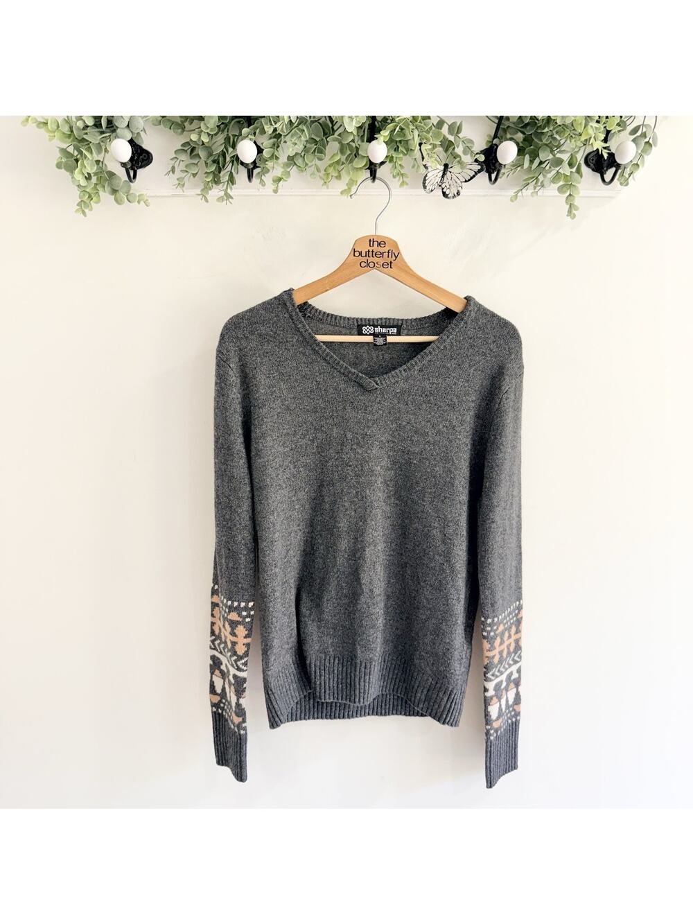 Sherpa Adventure Gear “Maya” V Neck Sweater Kharani Grey Boho Sleeves Size Small